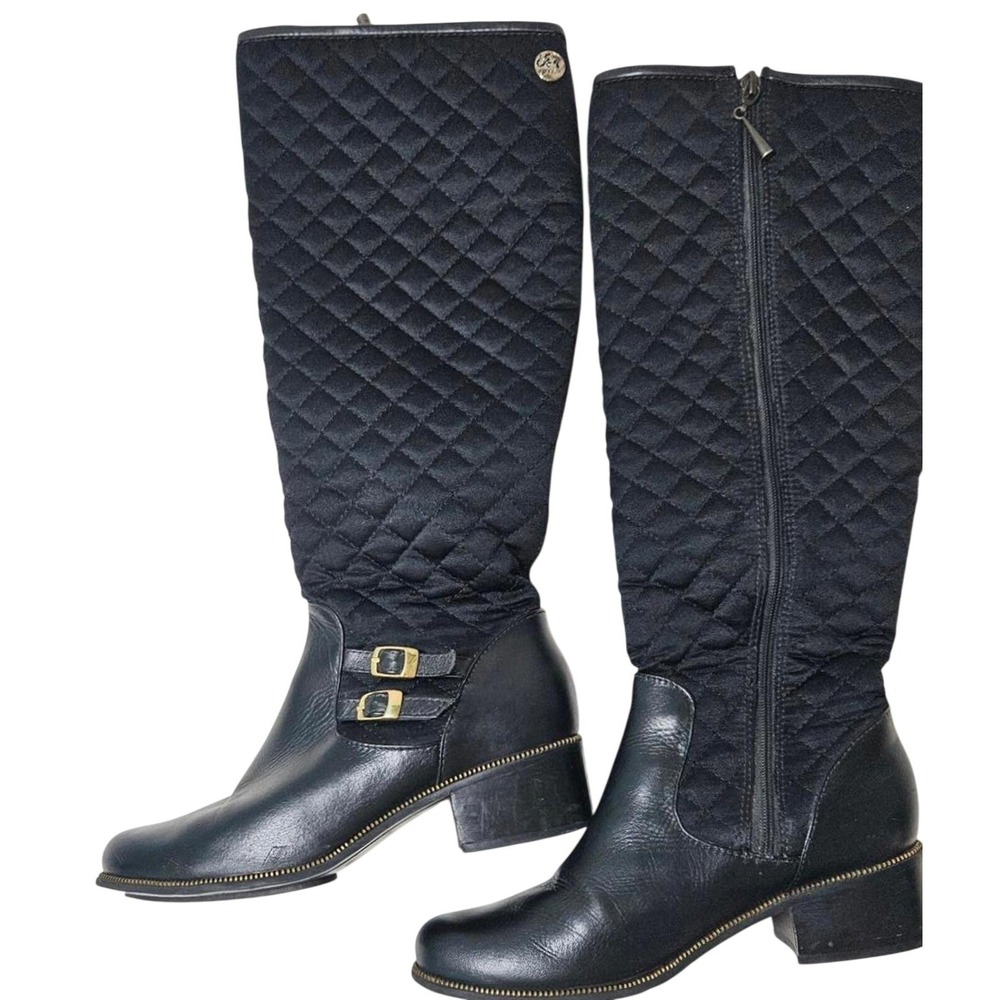 Opposite Black Quilted Leather Knee High‎ Riding Boots Size 37 Buckle Detail Zip